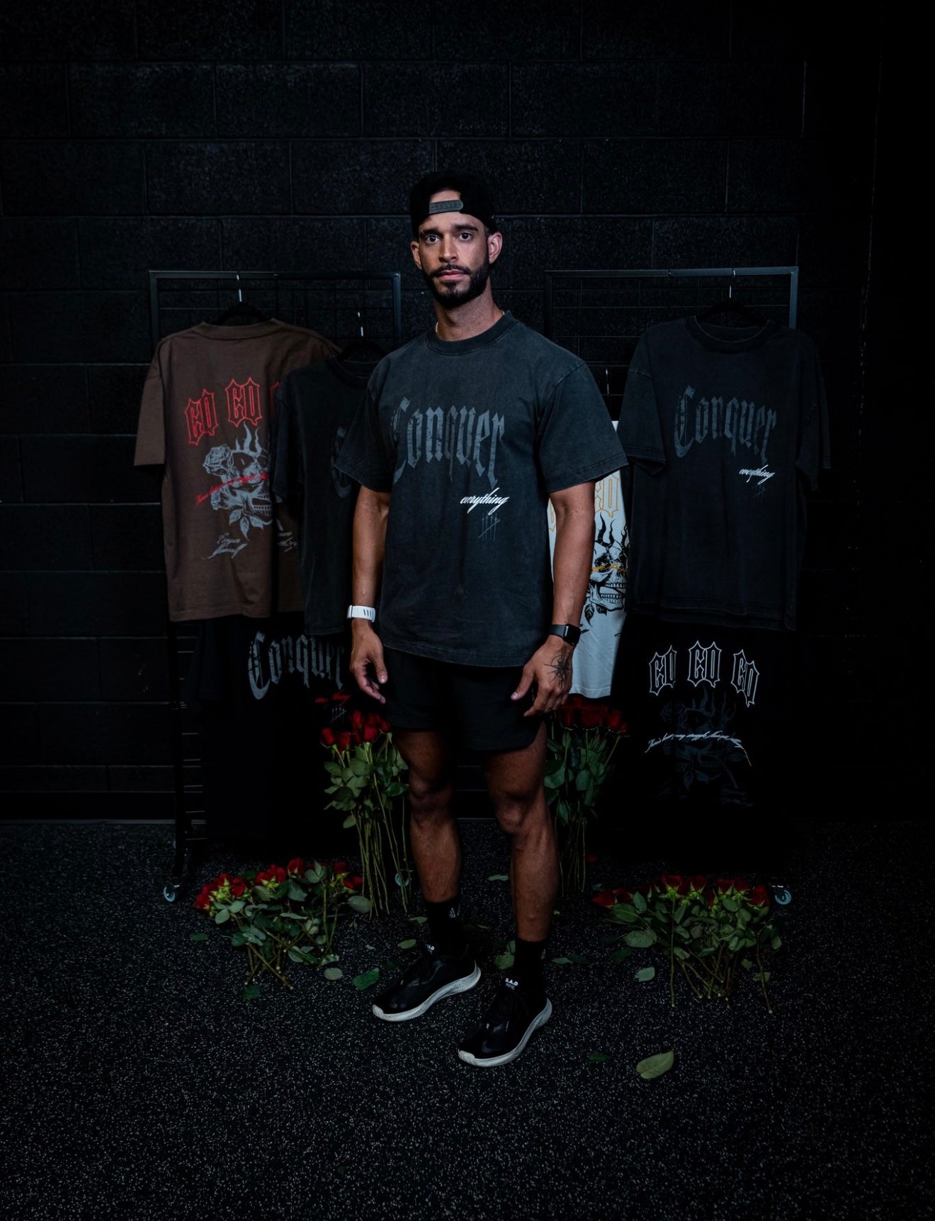 “Conquer Everything” Roses Oversized Tee - Vintage Black/White
