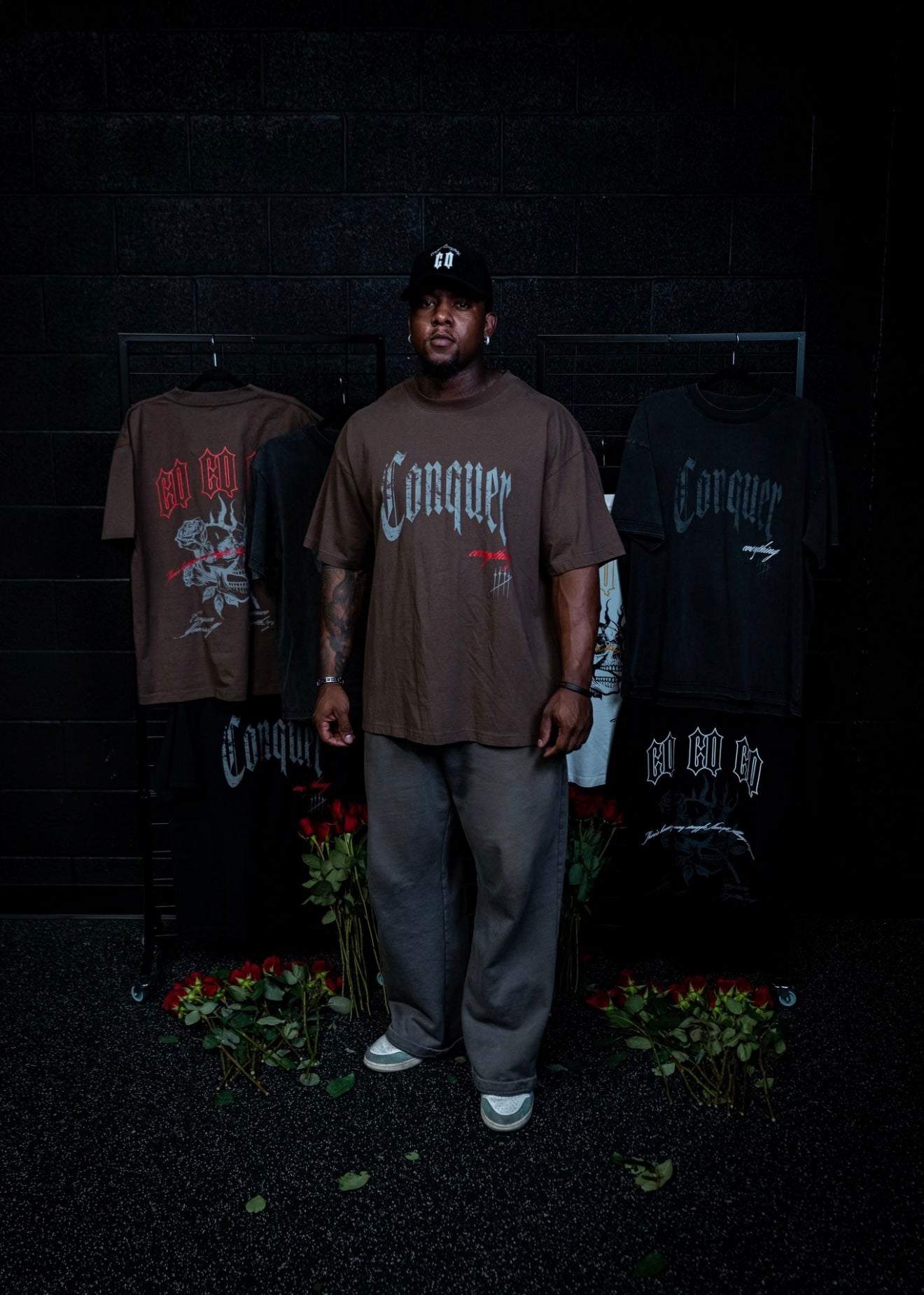 “Conquer Everything” Roses Oversized Tee - Brown/Red