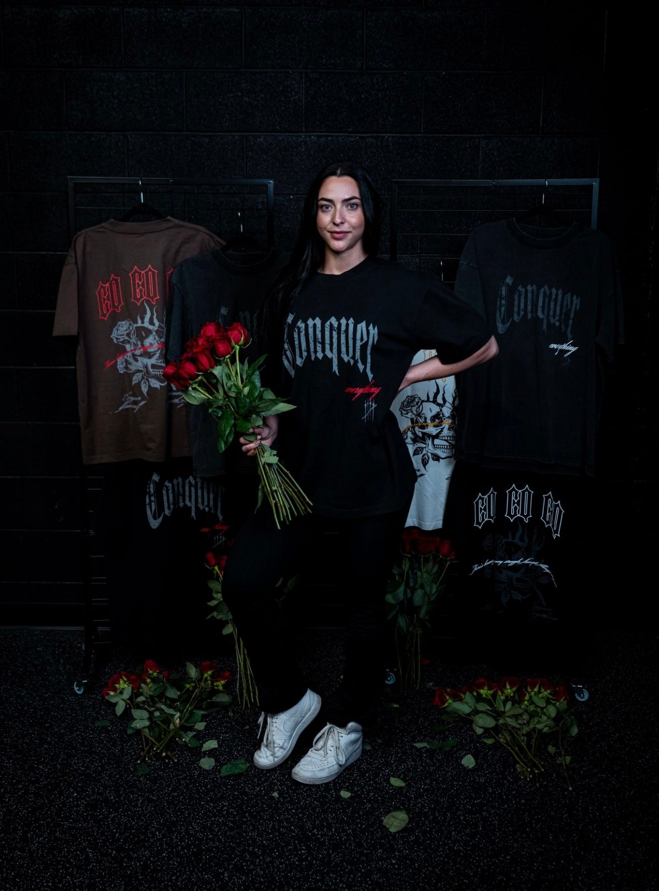 “Conquer Everything” Roses Oversized Tee - Black/Red