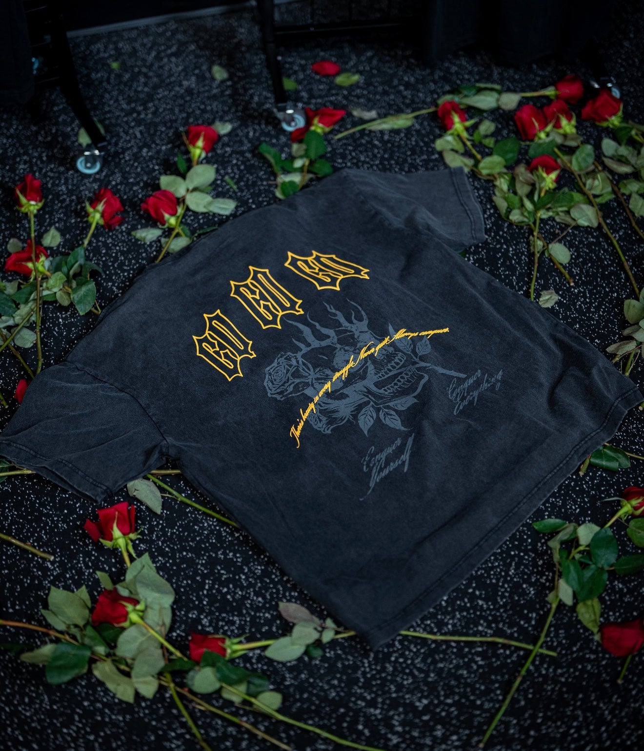 “Conquer Everything” Roses Oversized Tee - Vintage Black/Yellow
