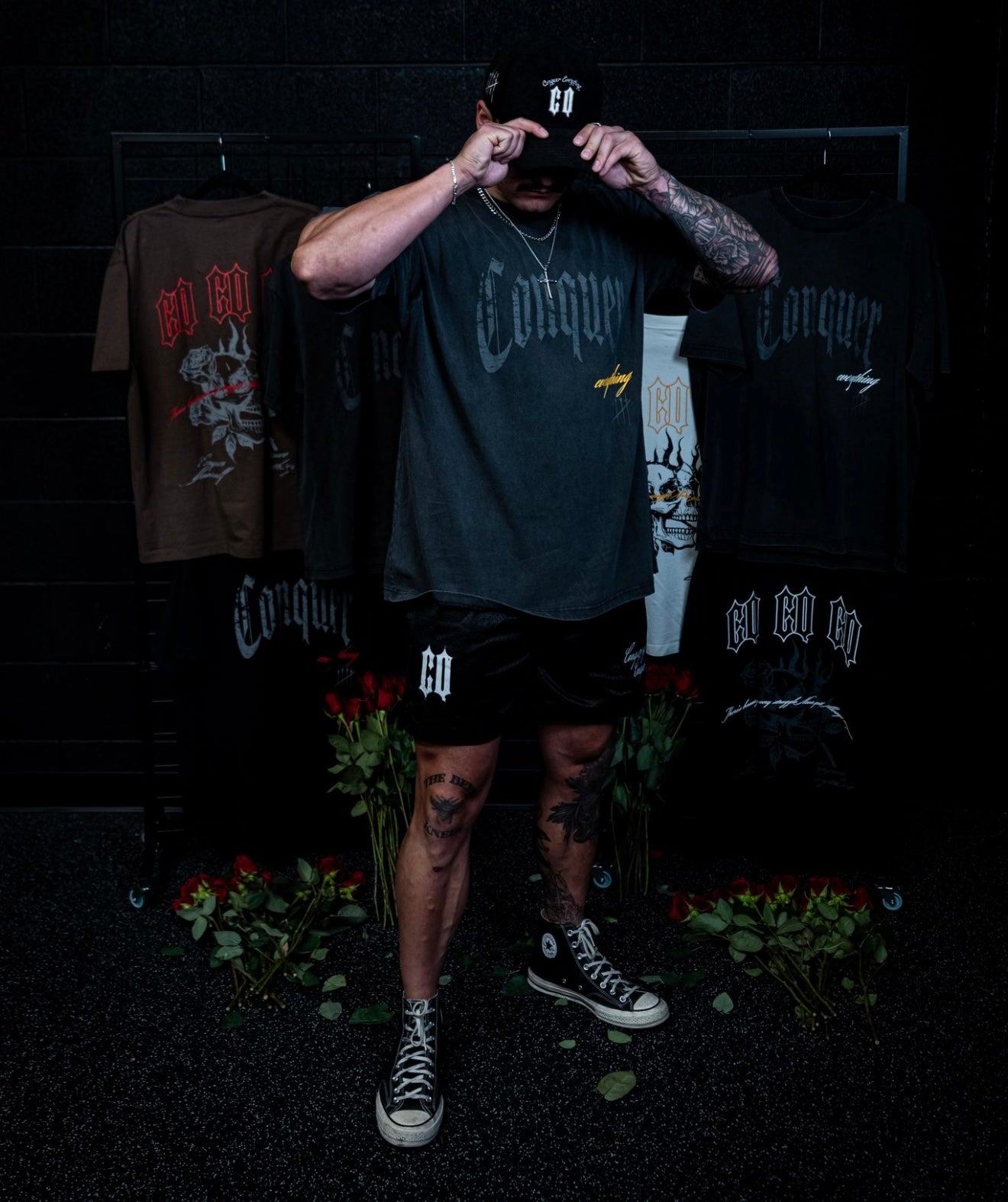 “Conquer Everything” Roses Oversized Tee - Vintage Black/Yellow