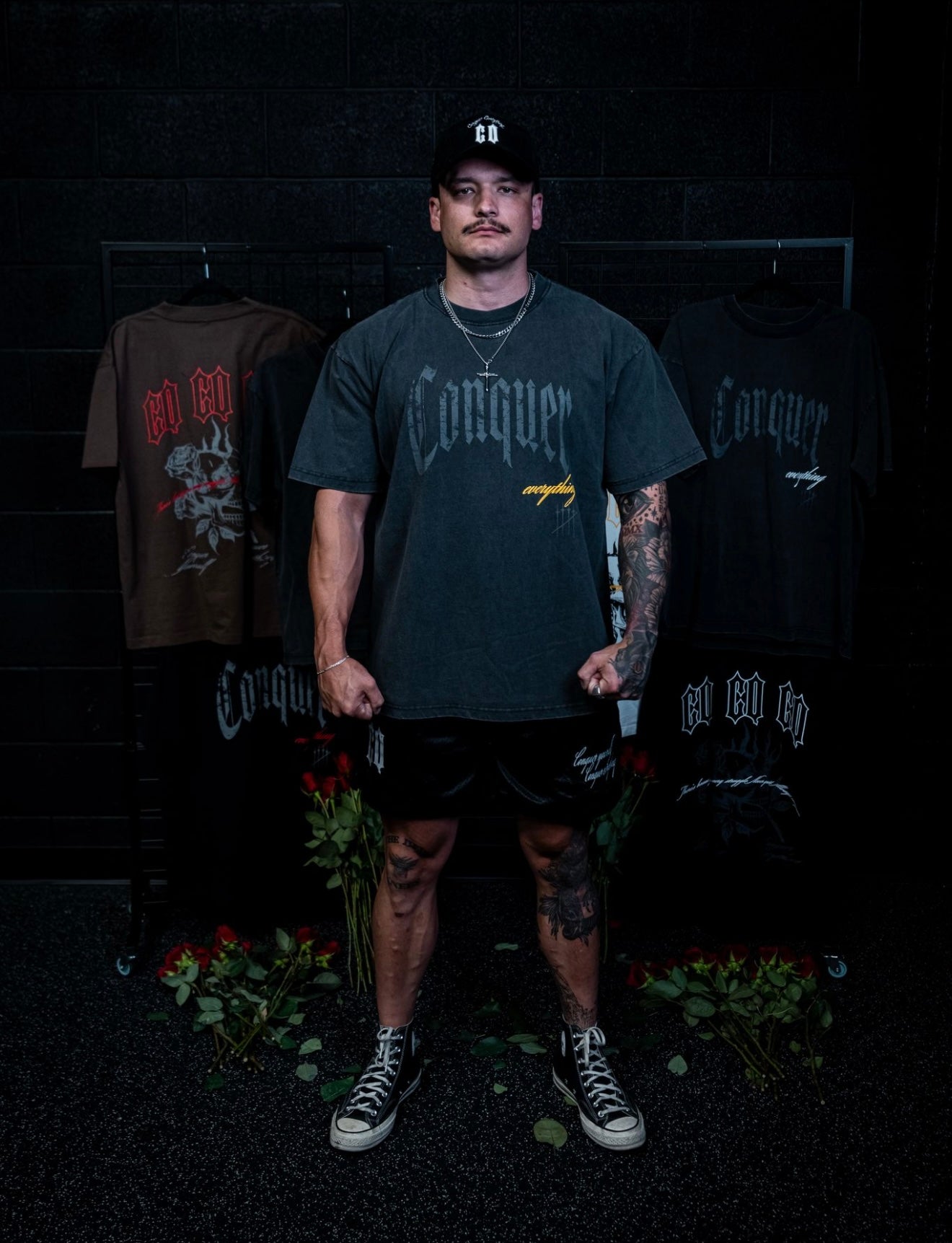 “Conquer Everything” Roses Oversized Tee - Vintage Black/Yellow
