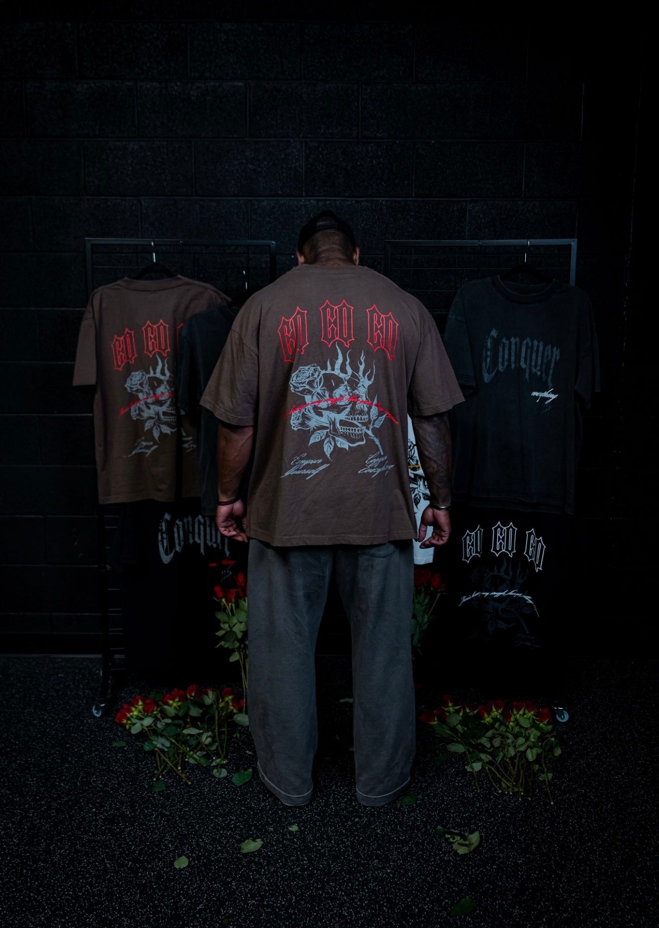 “Conquer Everything” Roses Oversized Tee - Brown/Red