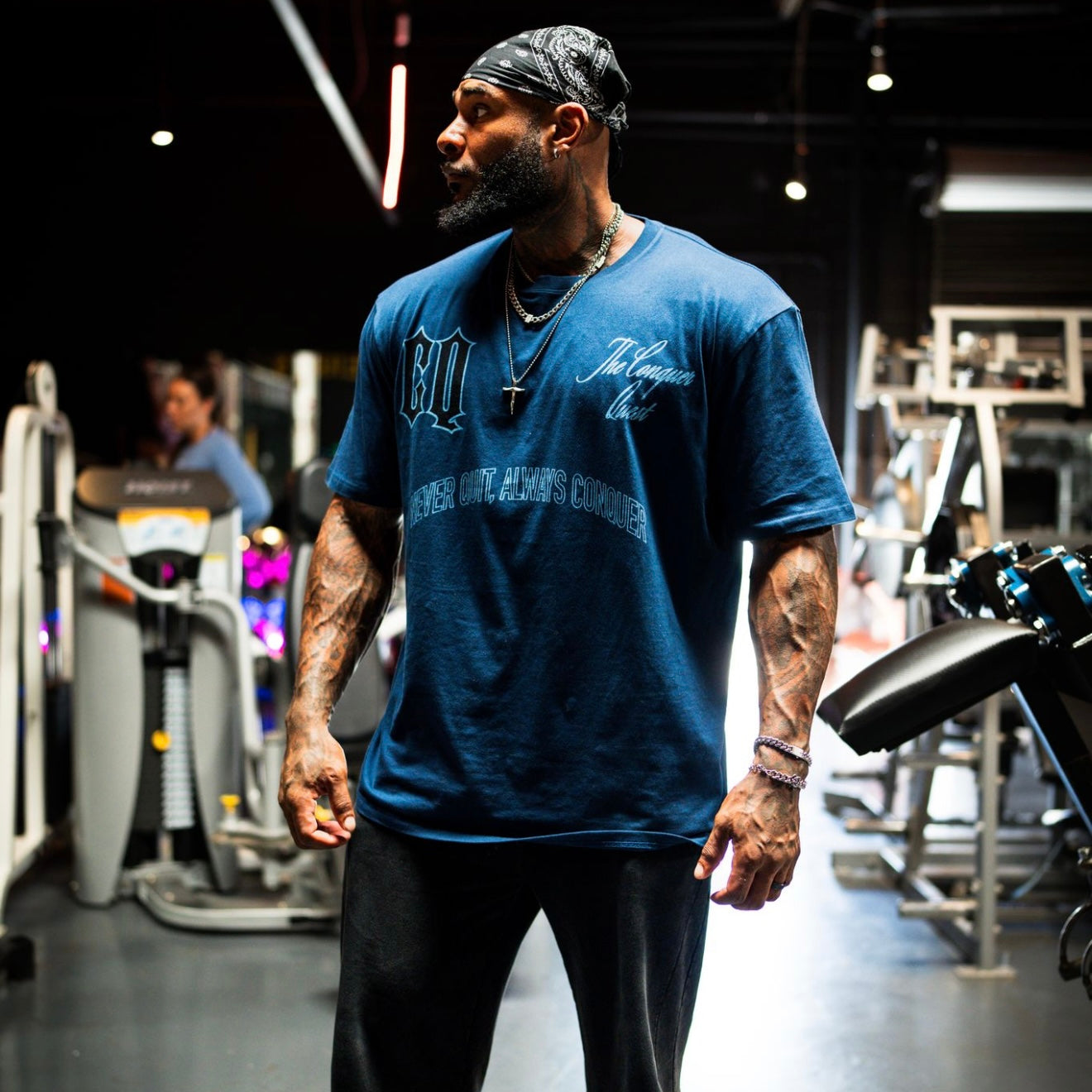 Oversized Blue “Never Quit Always Conquer” Tee