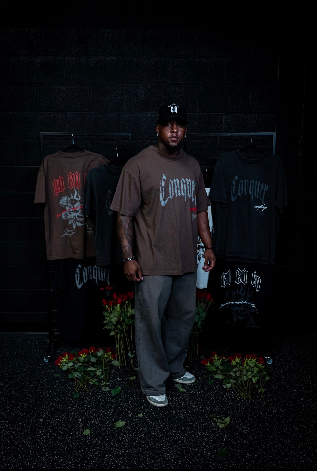“Conquer Everything” Roses Oversized Tee - Brown/Red