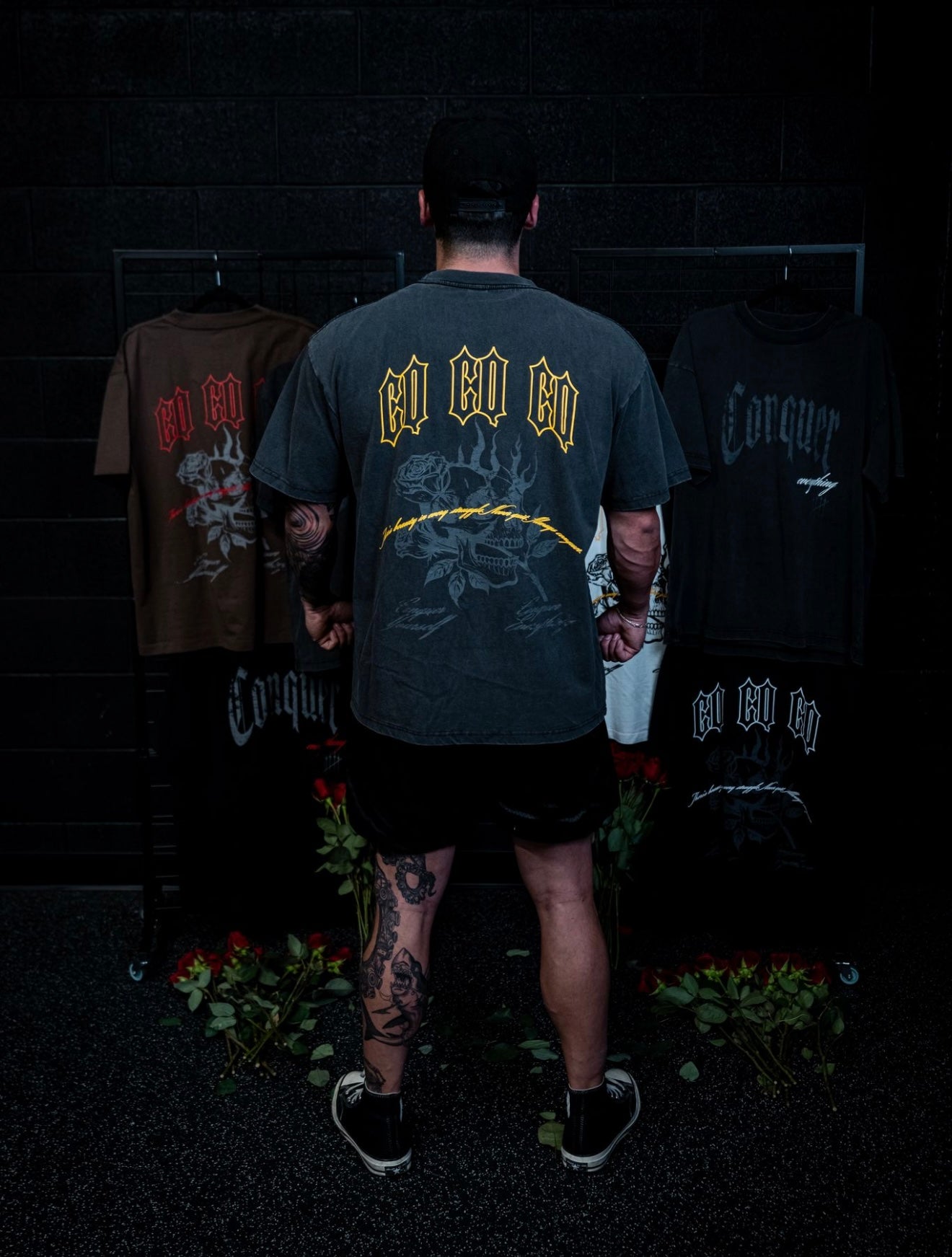 “Conquer Everything” Roses Oversized Tee - Vintage Black/Yellow