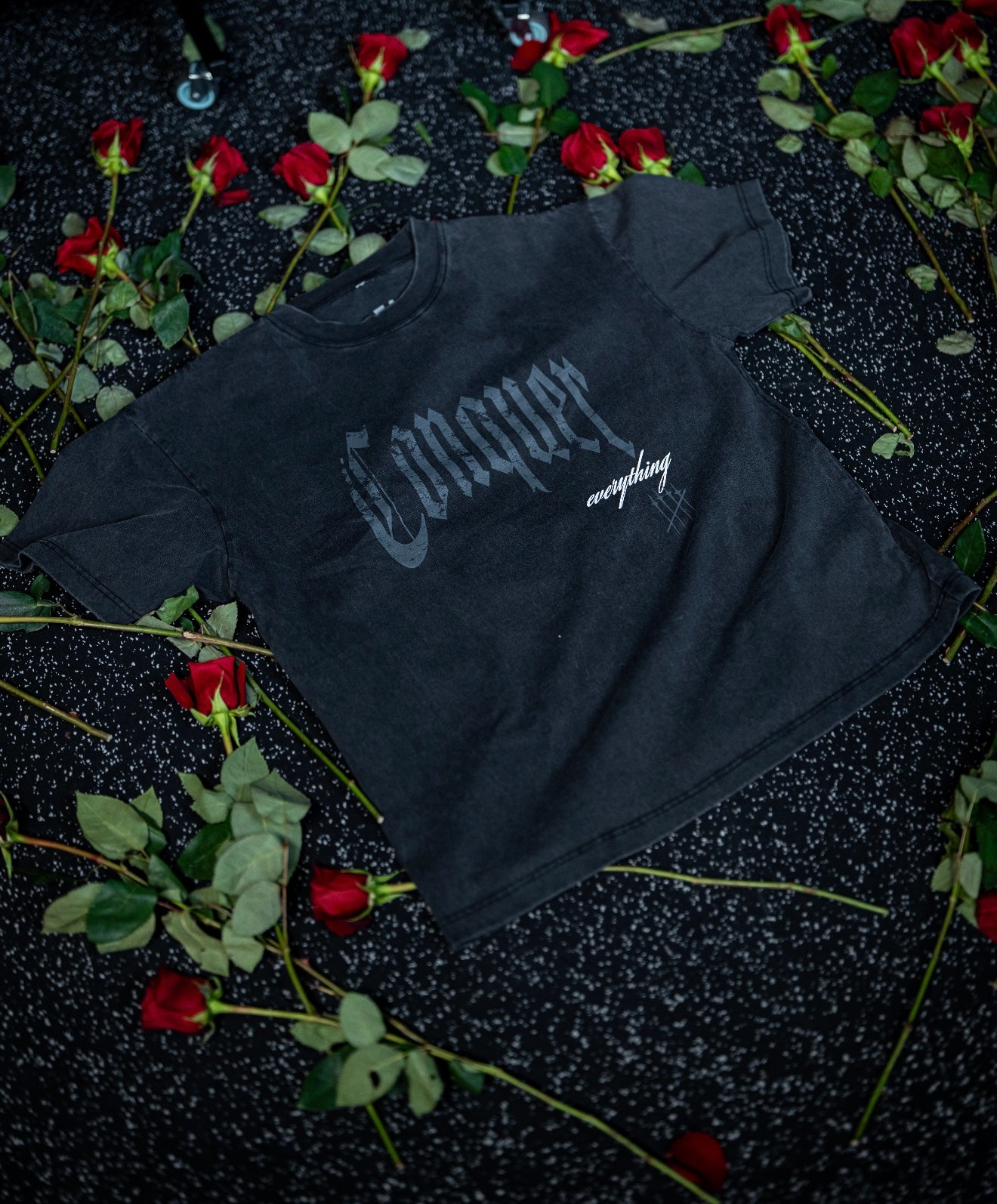 “Conquer Everything” Roses Oversized Tee - Vintage Black/White
