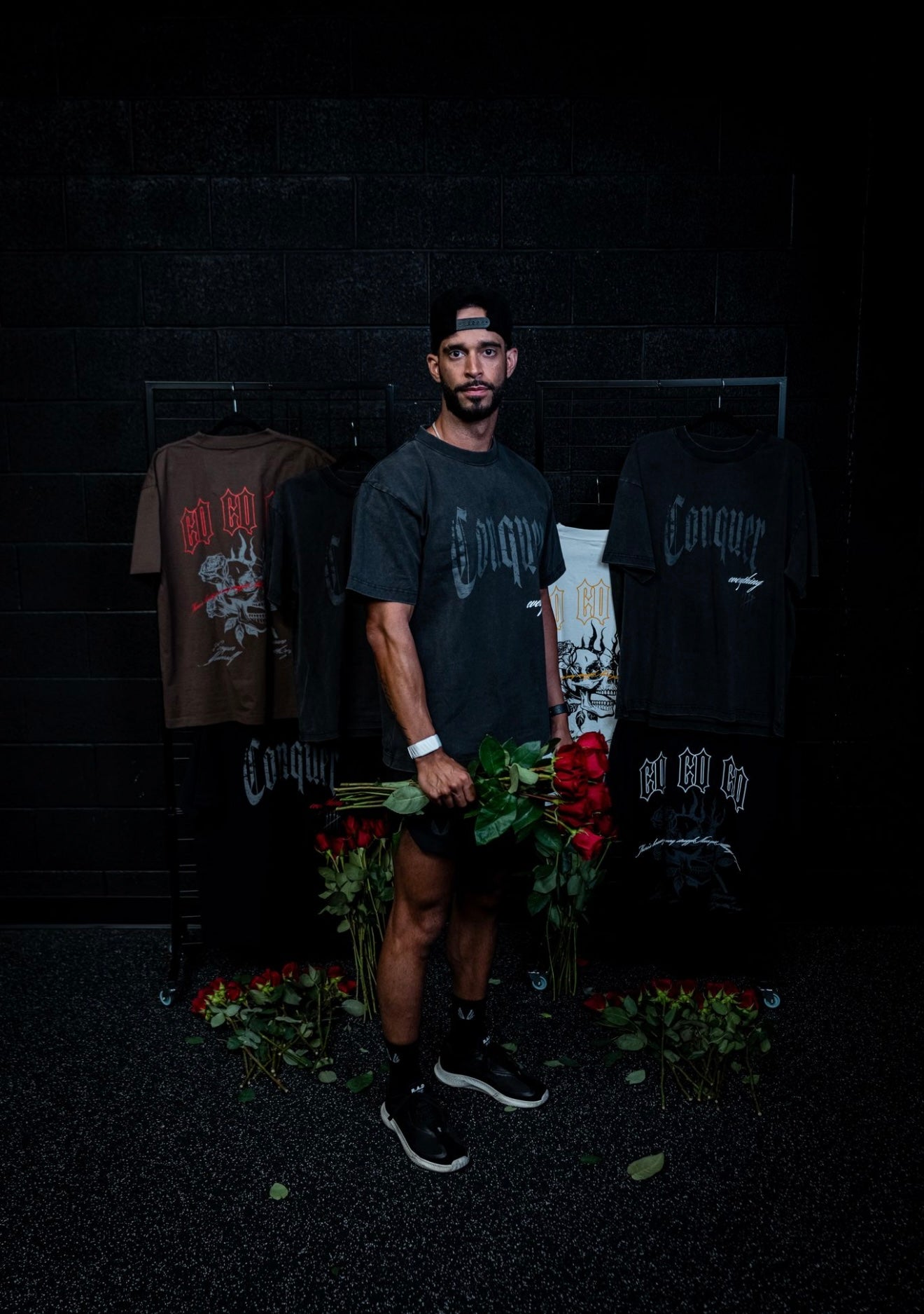 “Conquer Everything” Roses Oversized Tee - Vintage Black/White