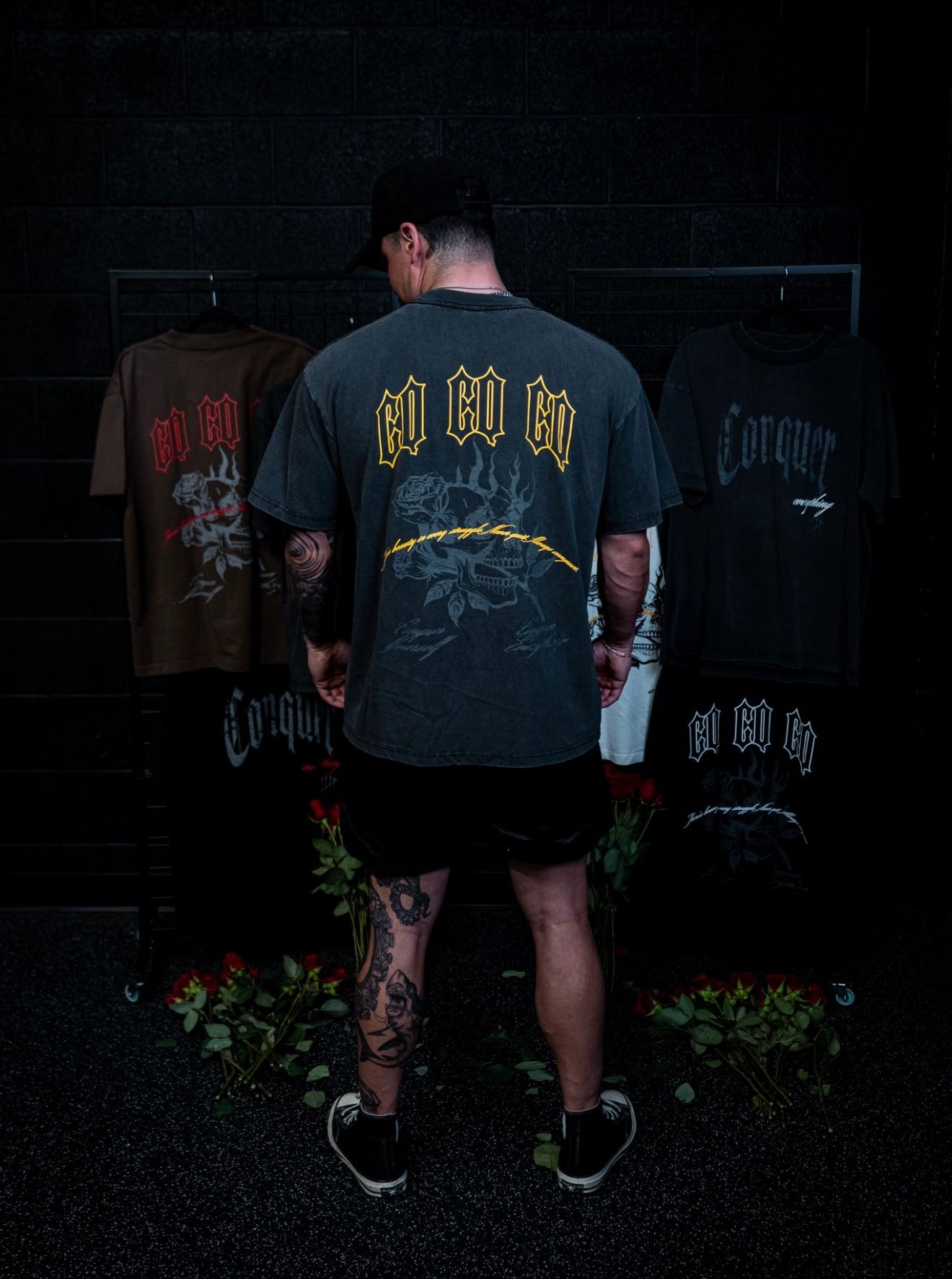 “Conquer Everything” Roses Oversized Tee - Vintage Black/Yellow