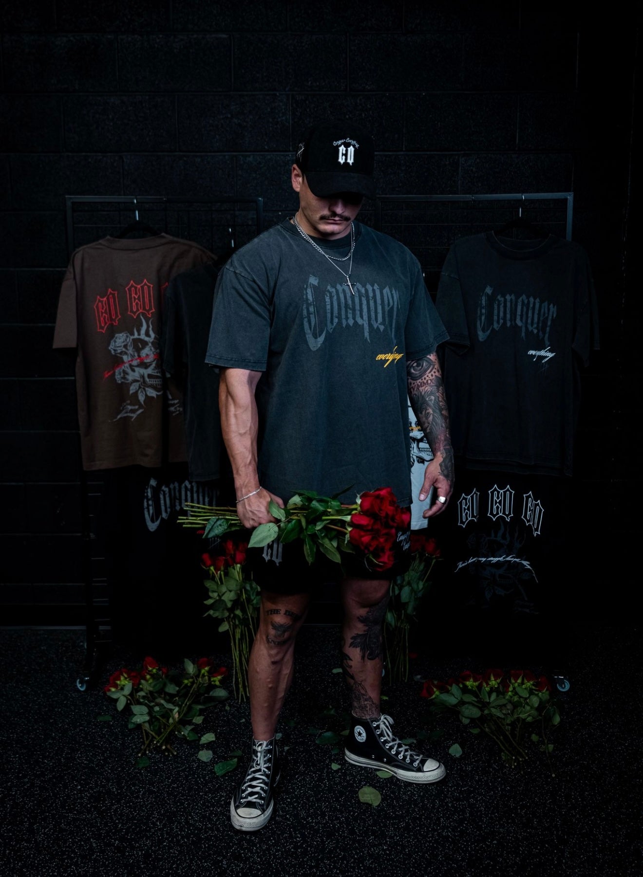 “Conquer Everything” Roses Oversized Tee - Vintage Black/Yellow