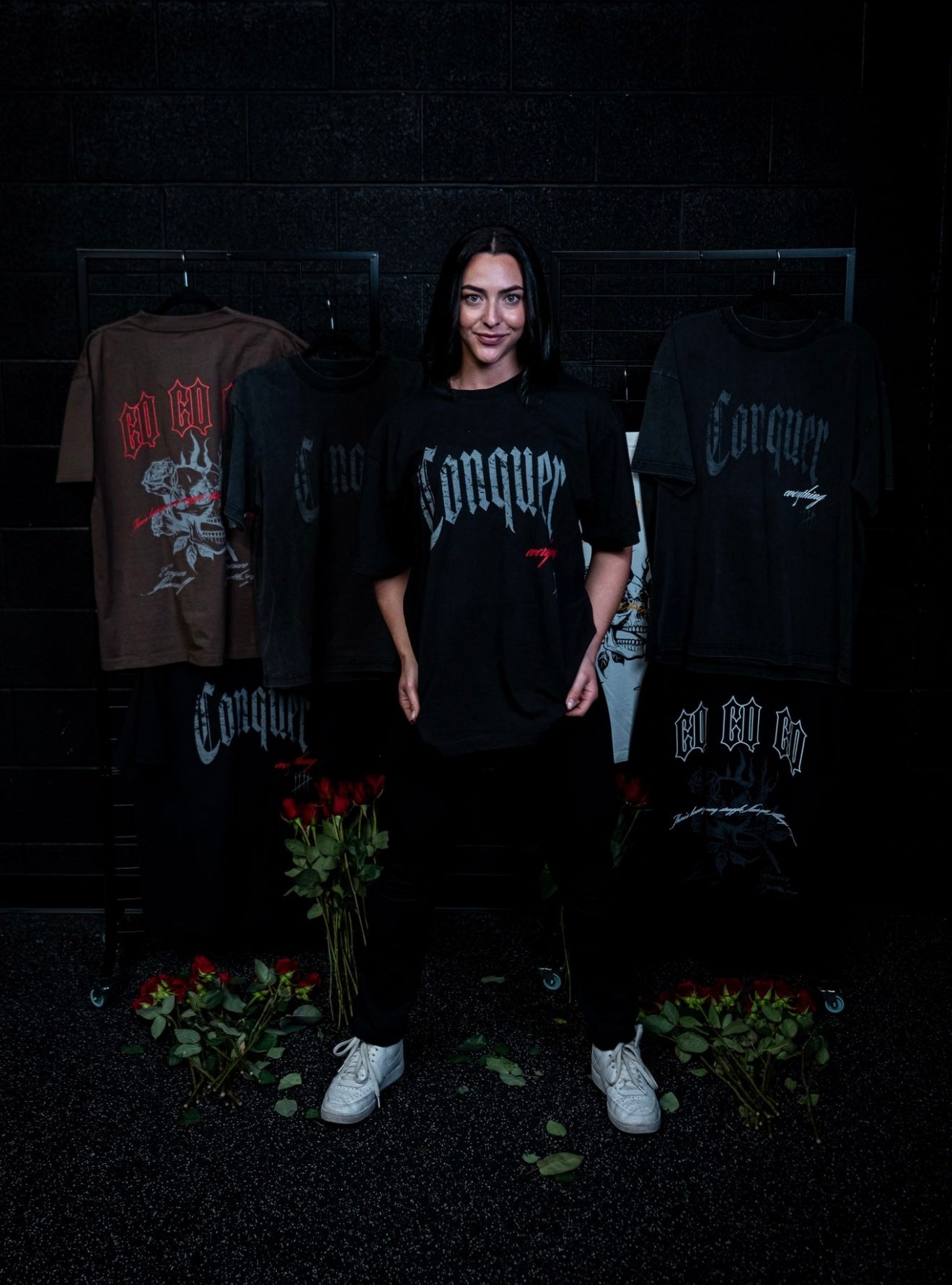 “Conquer Everything” Roses Oversized Tee - Black/Red