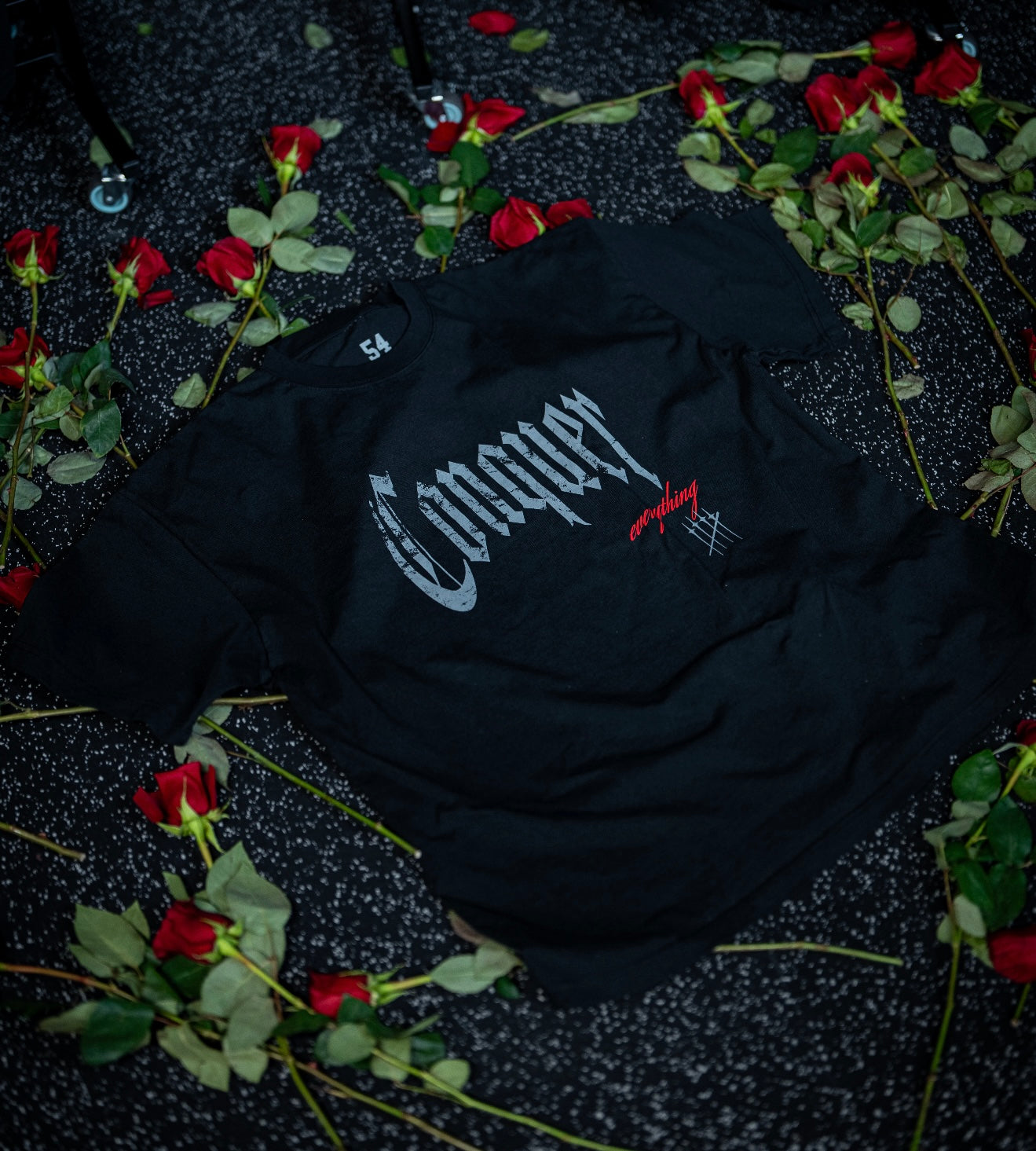 “Conquer Everything” Roses Oversized Tee - Black/Red