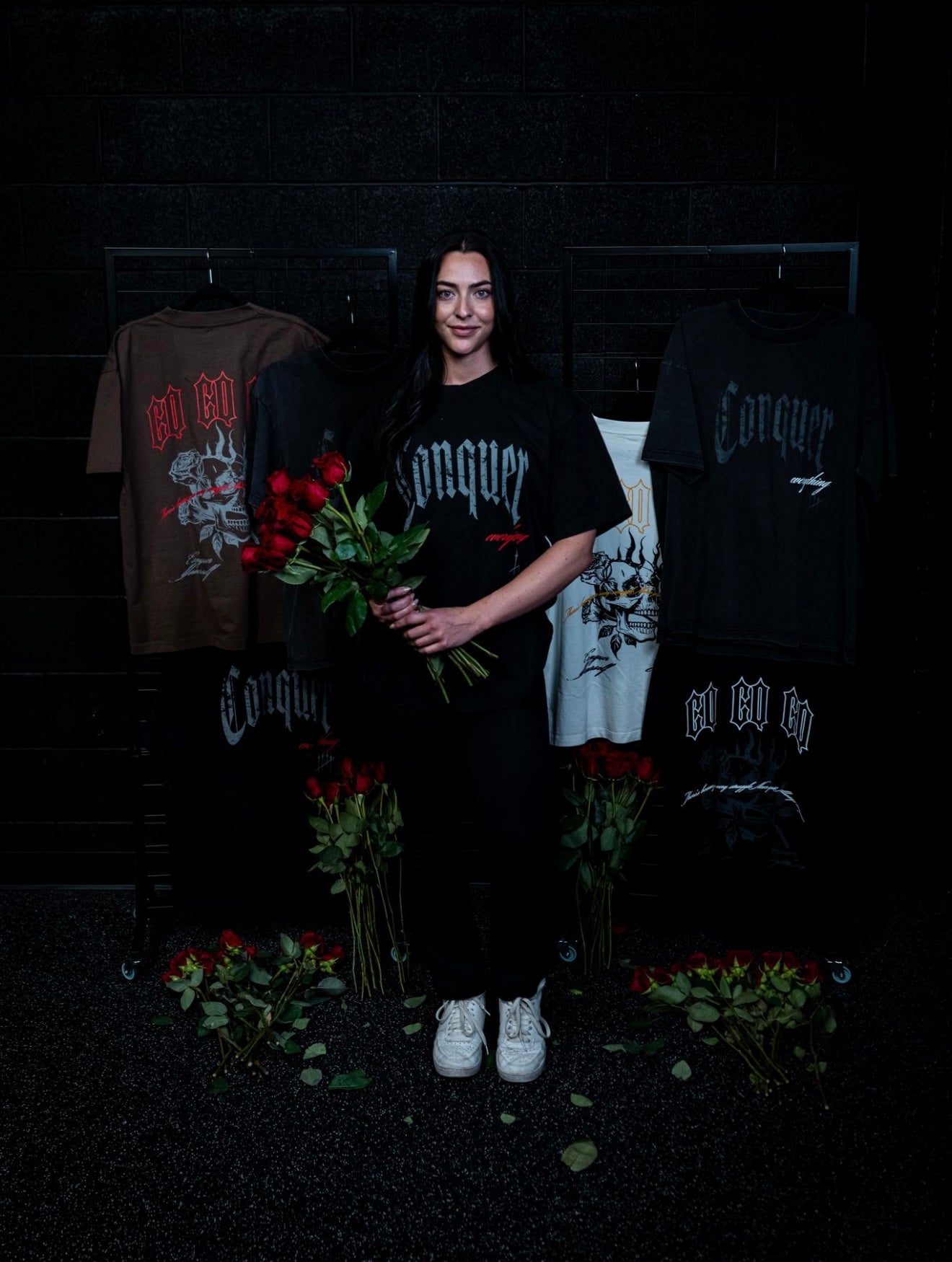 “Conquer Everything” Roses Oversized Tee - Black/Red