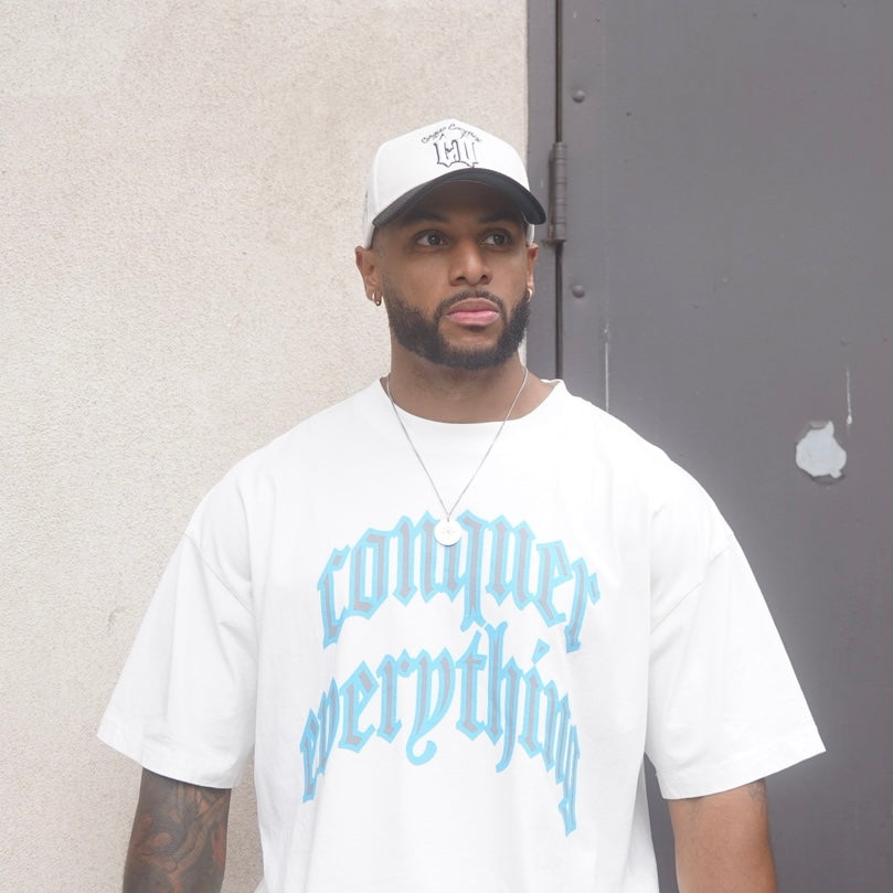 “Conquer Everything” WWC Oversized Tee - White/Blue