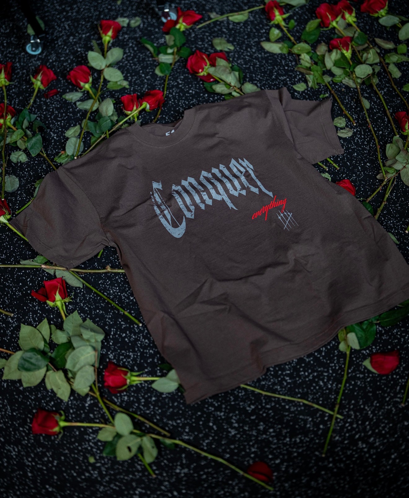 “Conquer Everything” Roses Oversized Tee - Brown/Red