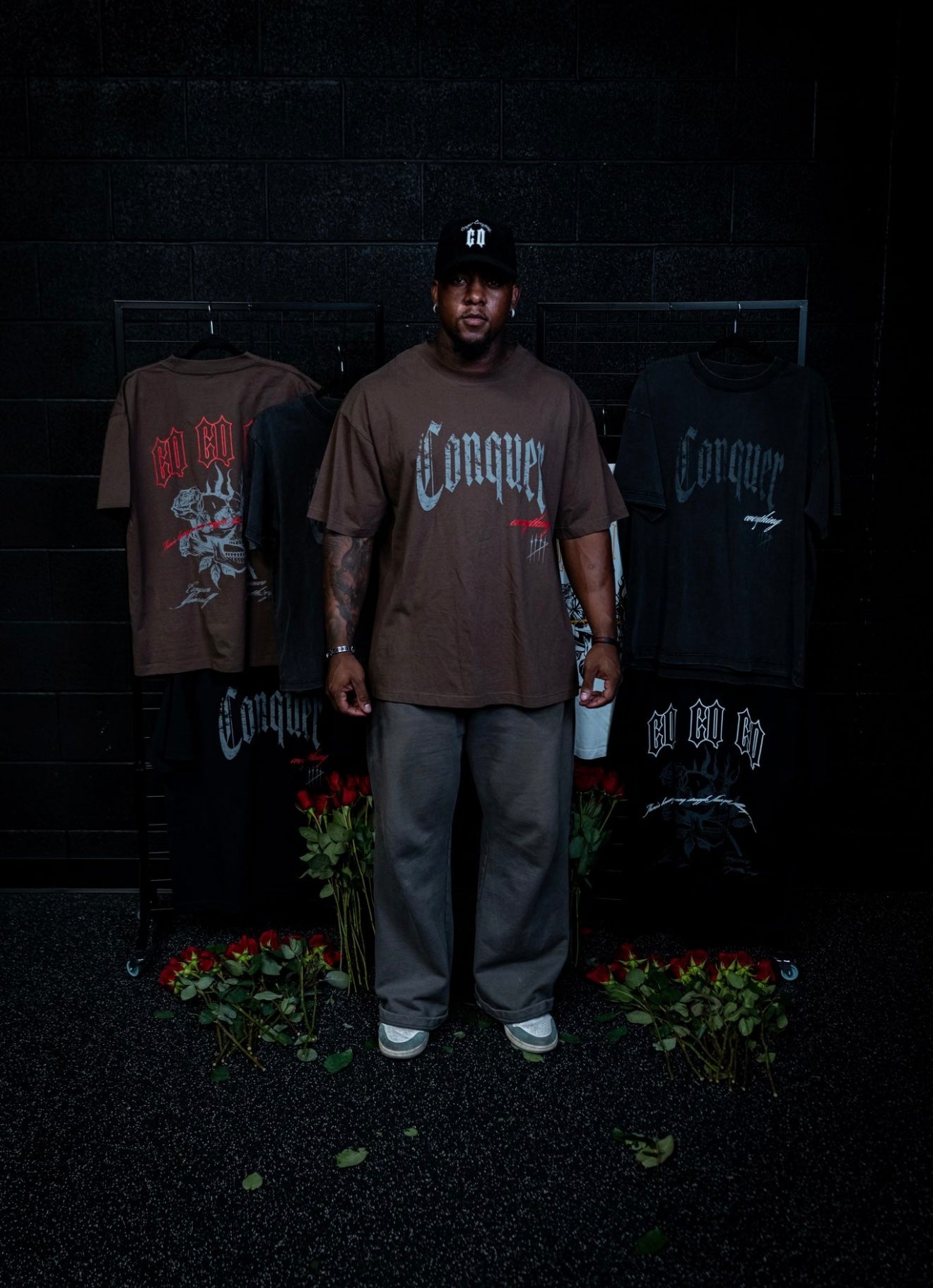 “Conquer Everything” Roses Oversized Tee - Brown/Red