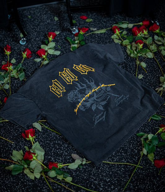 “Conquer Everything” Roses Oversized Tee - Vintage Black/Yellow