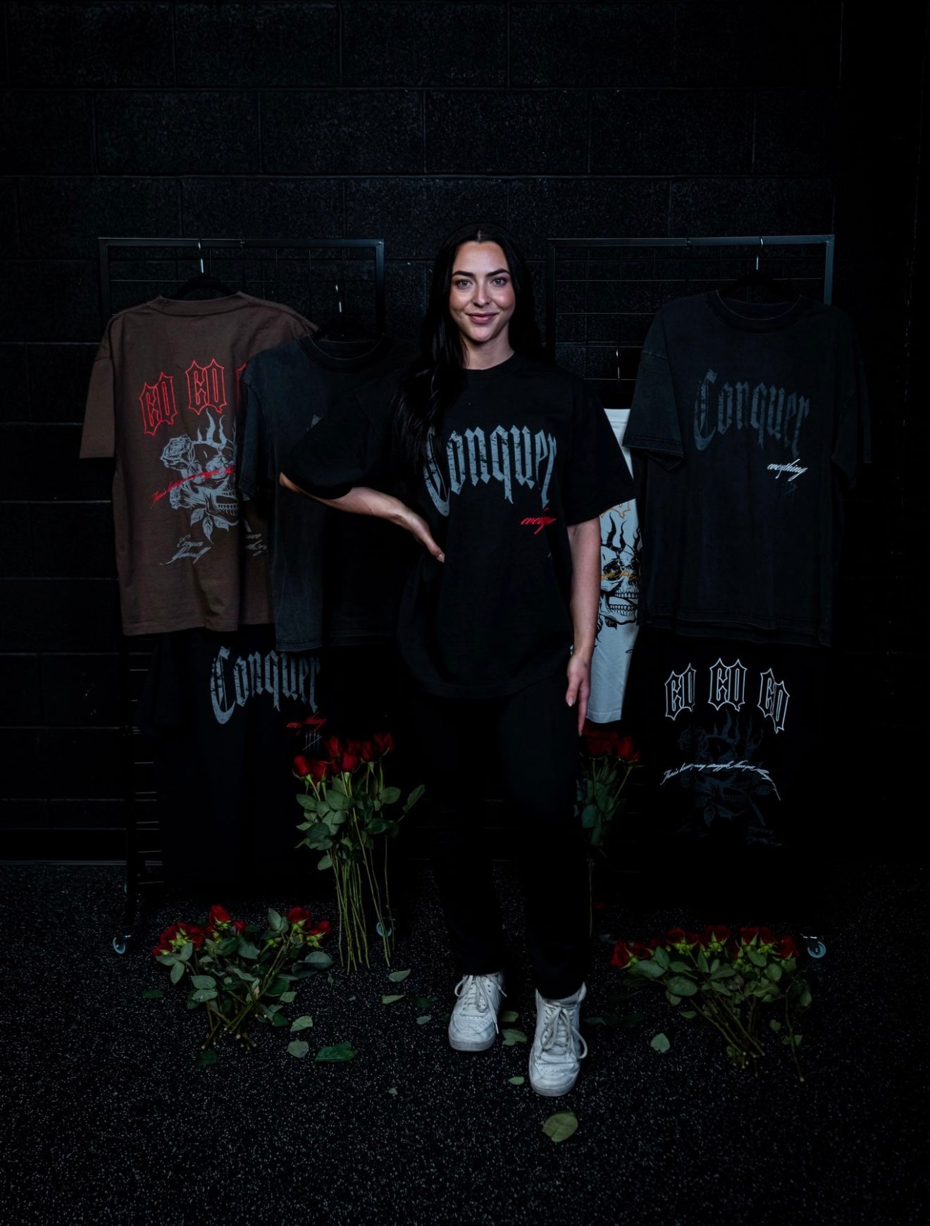 “Conquer Everything” Roses Oversized Tee - Black/Red