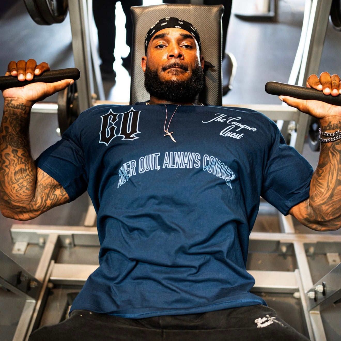 Oversized Blue “Never Quit Always Conquer” Tee