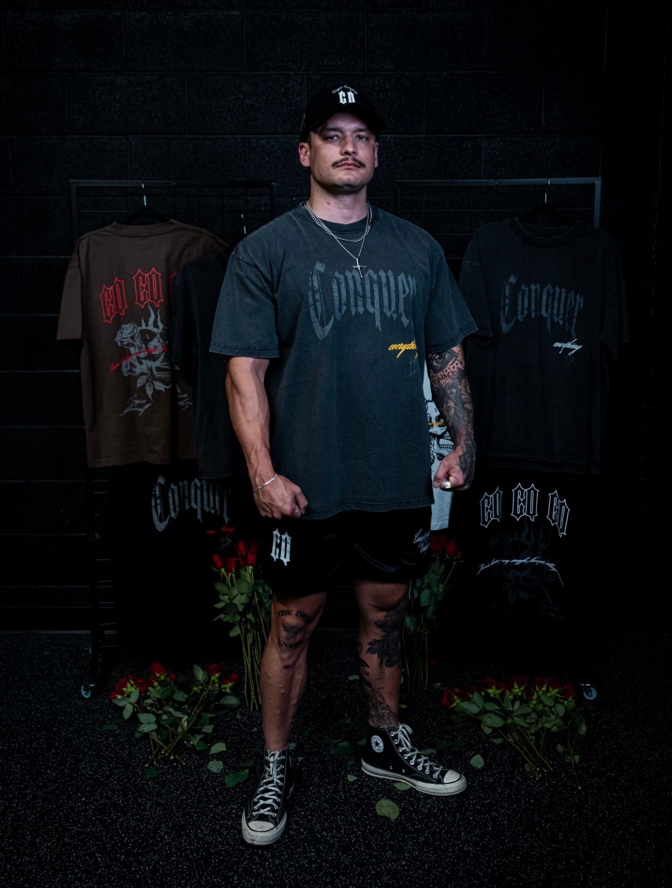 “Conquer Everything” Roses Oversized Tee - Vintage Black/Yellow