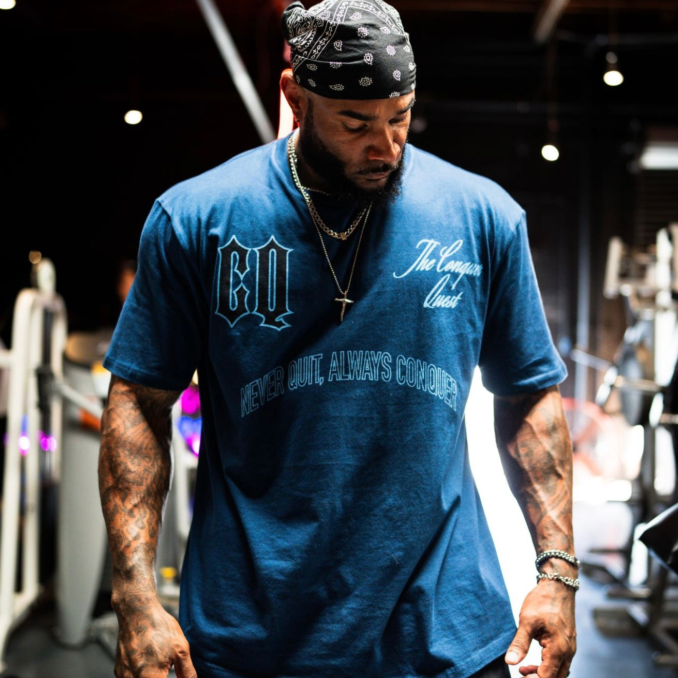 Oversized Blue “Never Quit Always Conquer” Tee