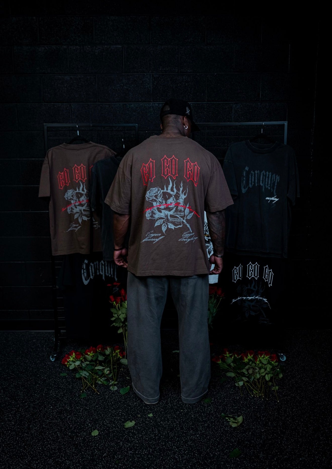 “Conquer Everything” Roses Oversized Tee - Brown/Red